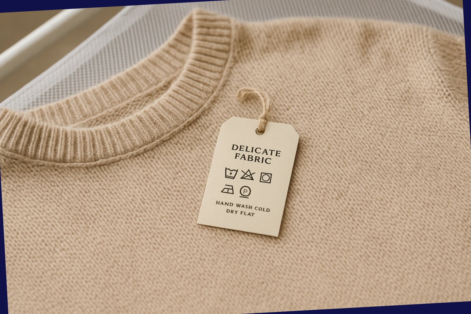 Delicate knit on a flat drying rack with a tag