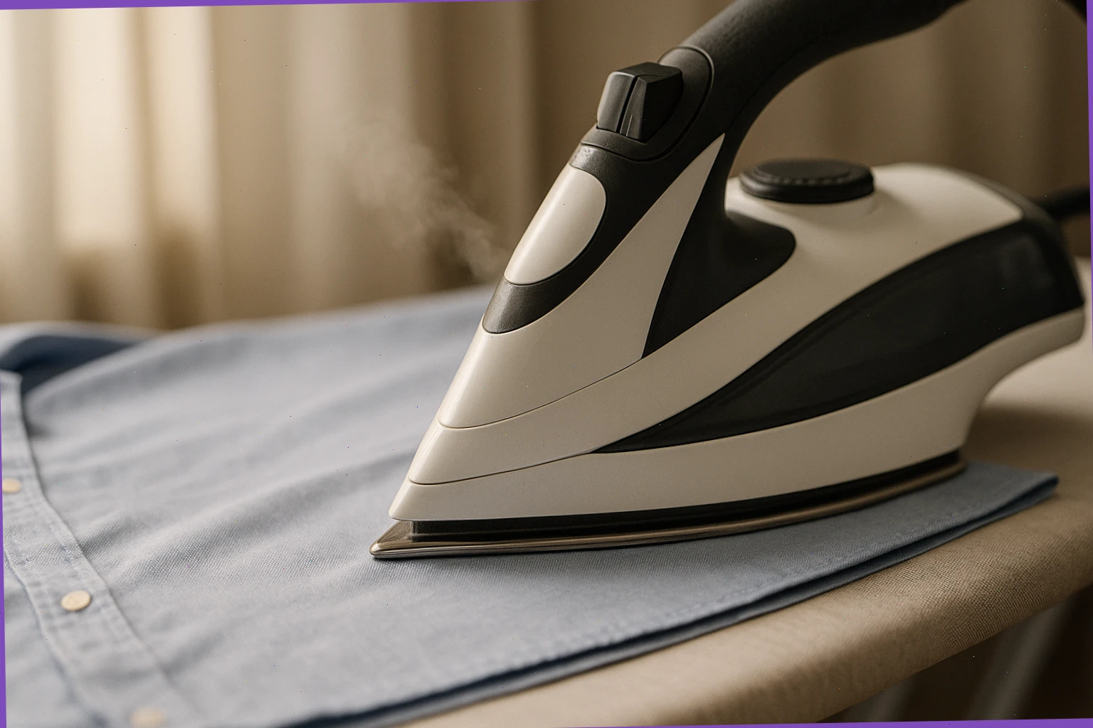 Steam iron smoothing a cotton shirt on a wide board