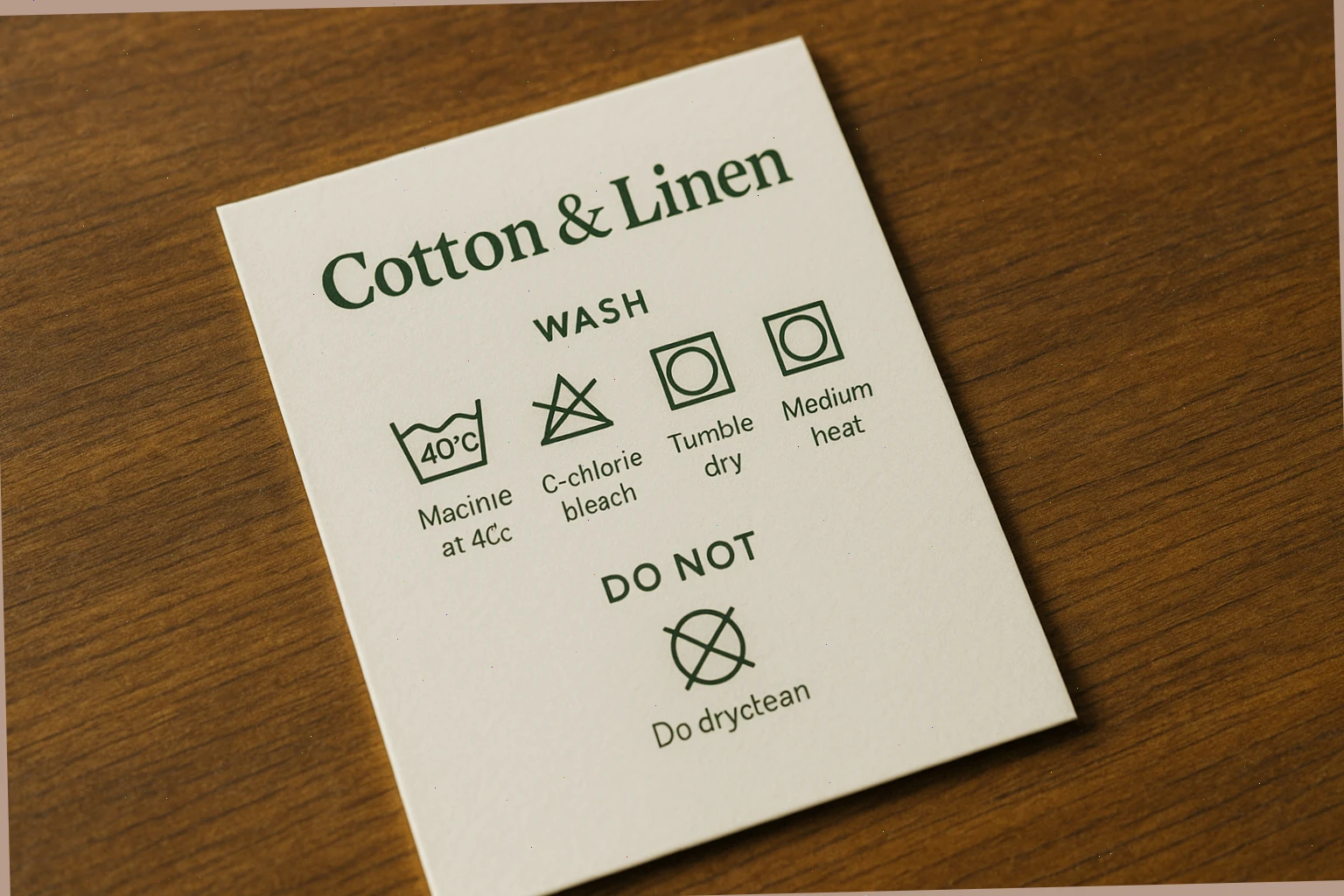 Care card explaining cotton and linen wash symbols