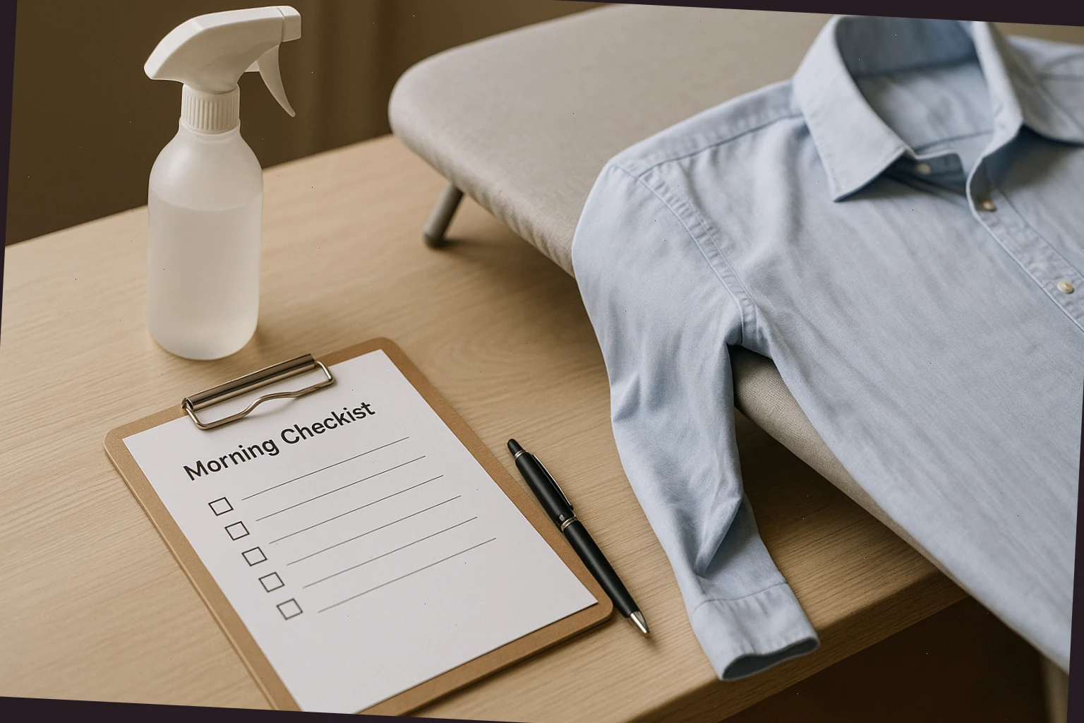 Checklist beside an ironing board and spray bottle