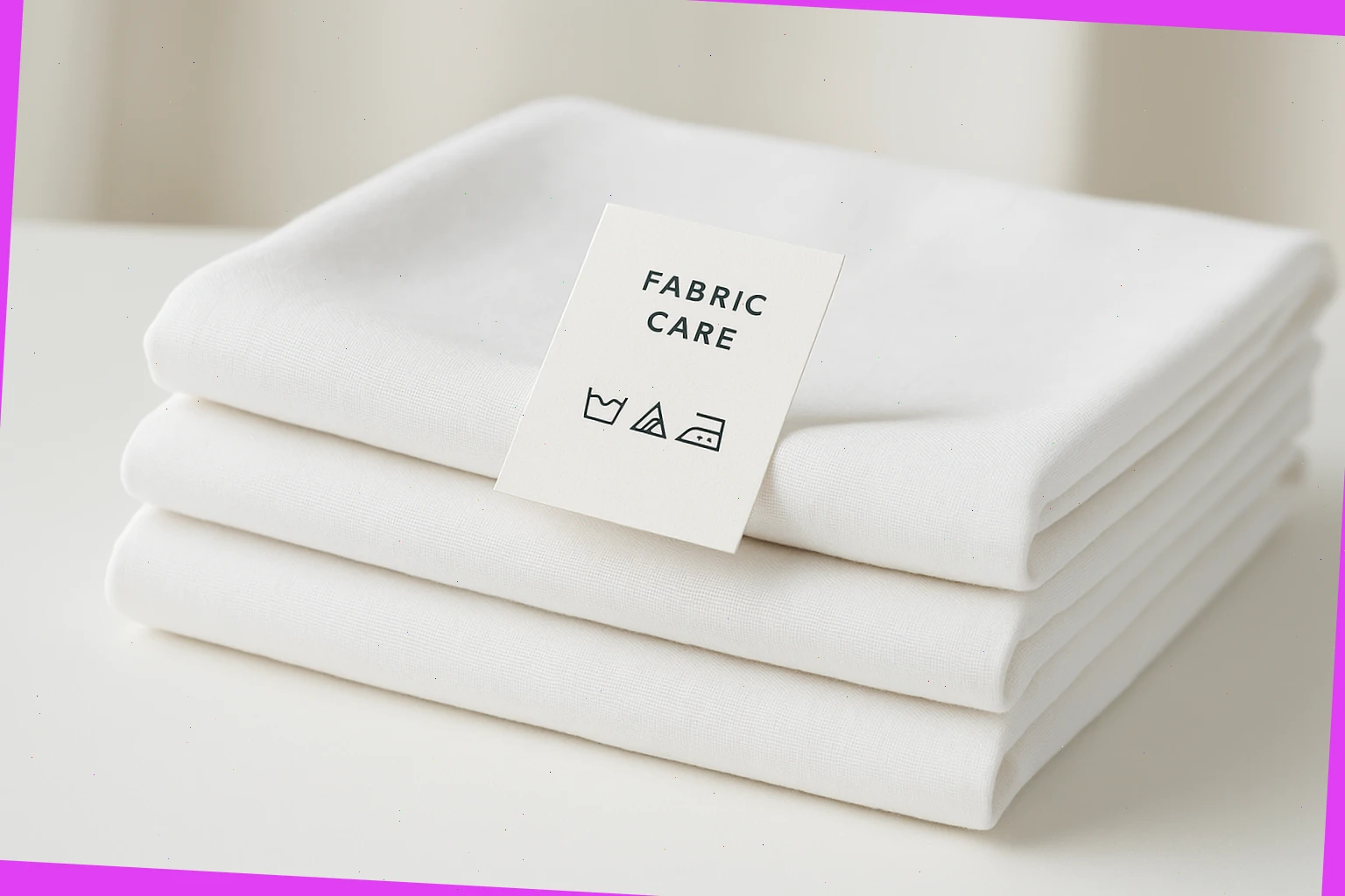 White linens folded with a small fabric care card